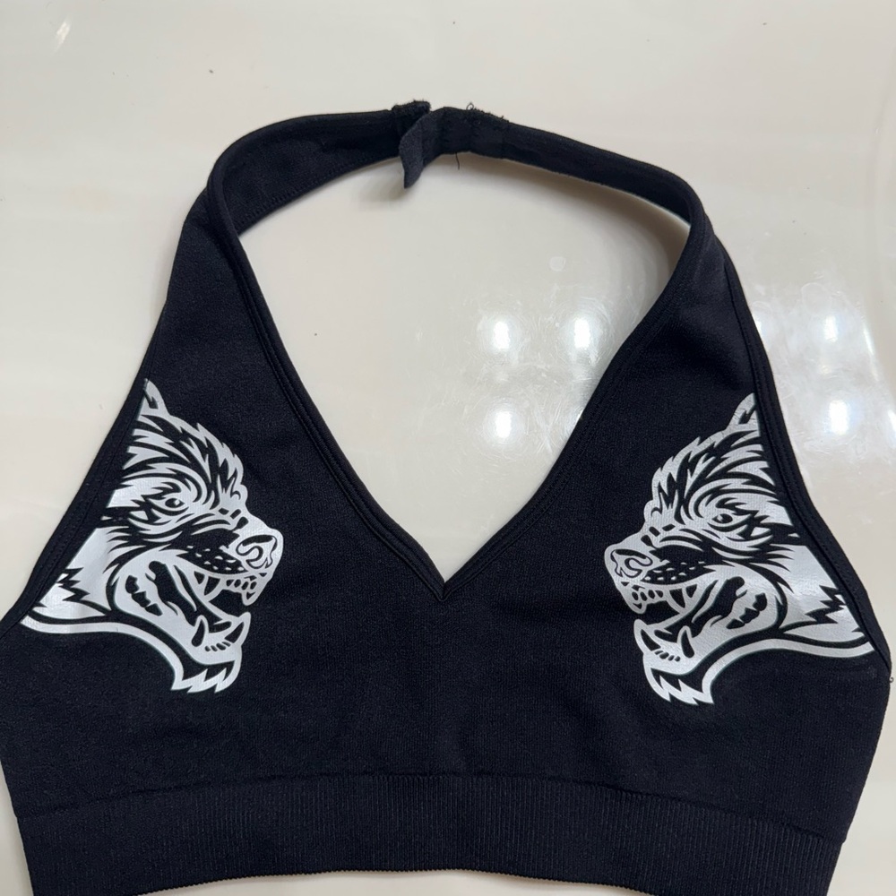 Darc Sport Black Halter Sports Bra with Wolf Graphics
